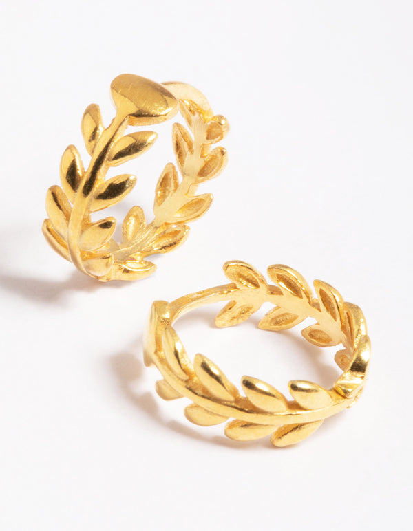 Gold Plated Sterling Silver leaf Detailed Huggie Earrings