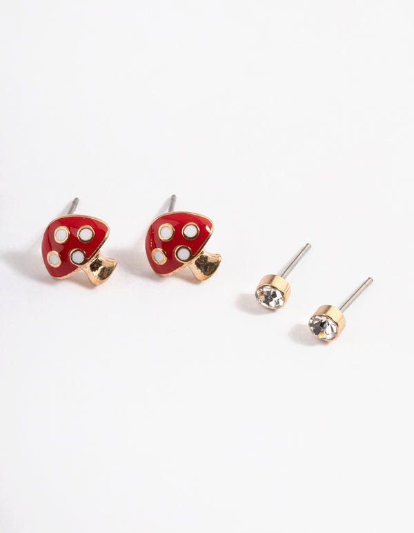 Gold Diamante & Mushroom Earrings Pack