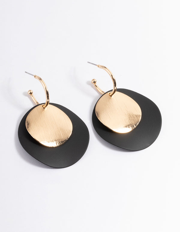 Gold & Black Large Double Disc Huggie Earrings