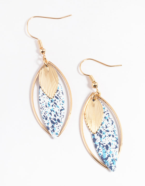 Blue Open Leaf Splatter Drop Earrings