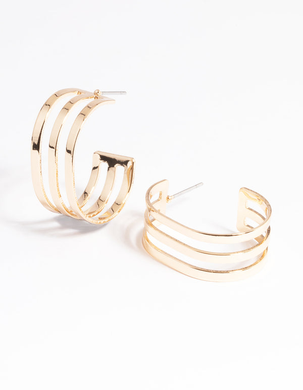 Gold Wide Triple Hoop Earrings