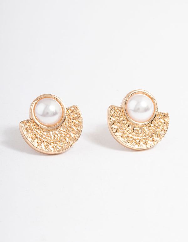 Gold Pearl Etched Stud Earrings