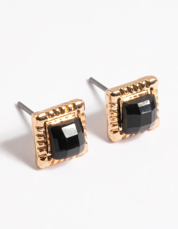 Gold Square Stone Stud Earrings