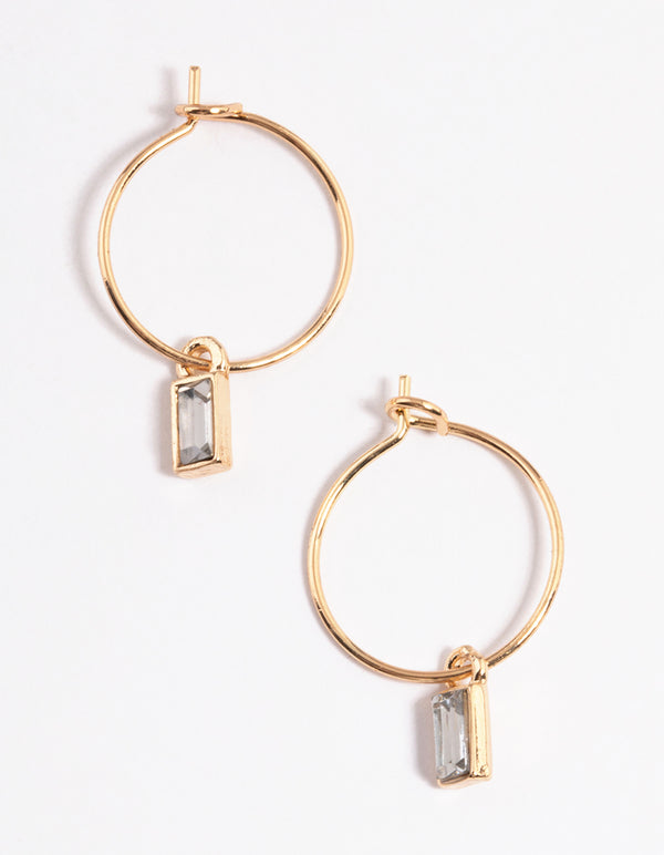 Gold Baguette Drop Hoop Earrings