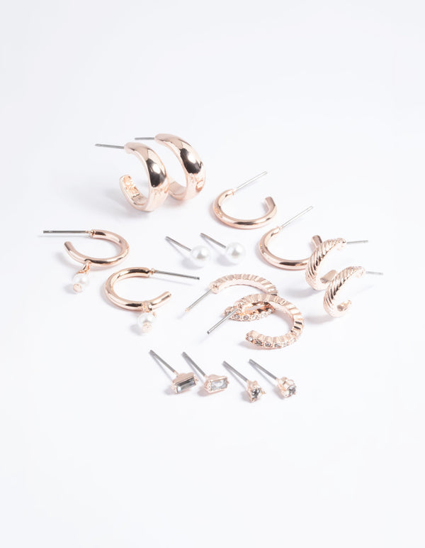 Rose Gold Pearl Stud & Hoop Earrings 8-Pack