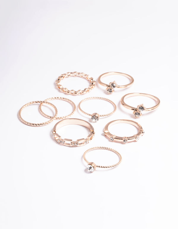 Rose Gold Crystal Chain Ring Pack