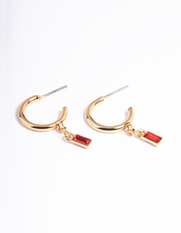 Red Stone Drop Huggie Earrings