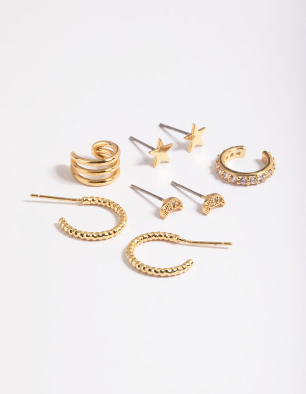 Gold Plated Star & Moon Stud Earring 8-Pack