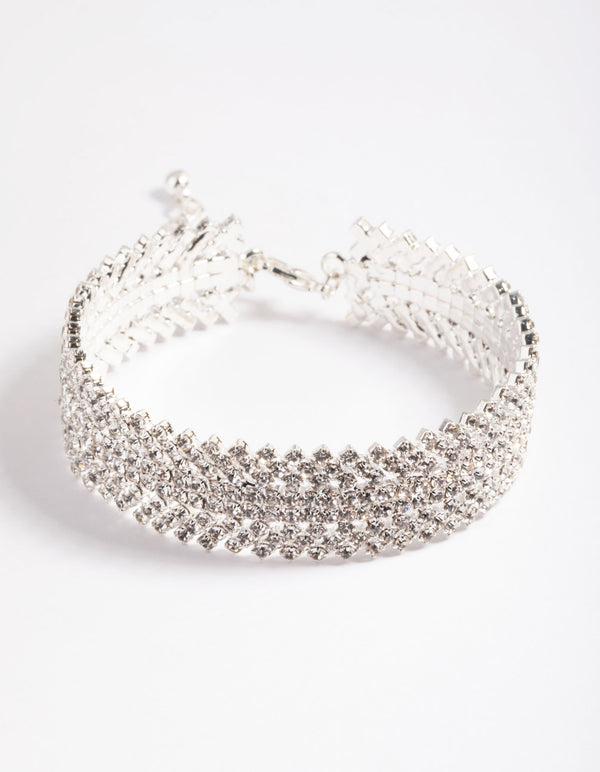 Silver 9 Row Twist Diamante Cuff Bangle