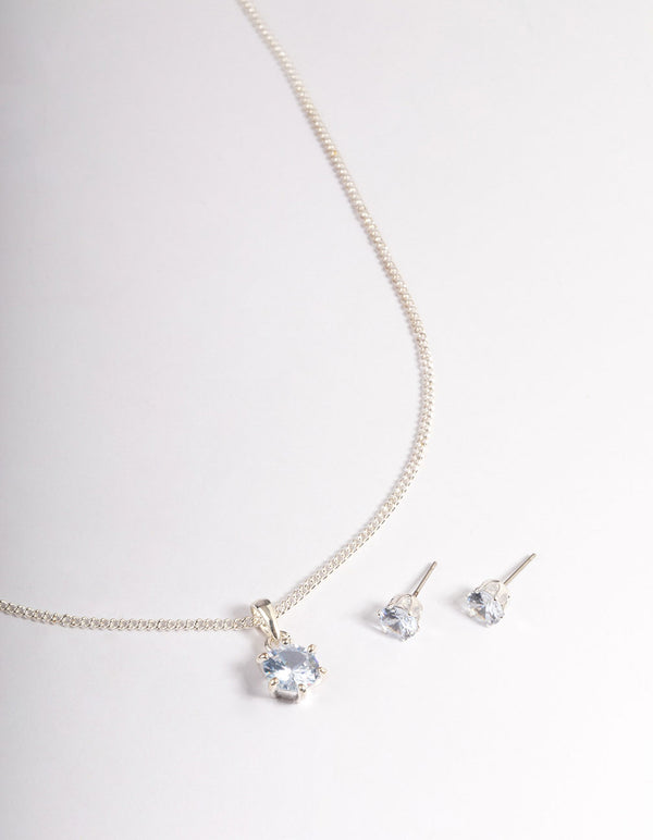 Silver Plated Cubic Zirconia Necklace & Stud Earrings Set