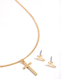 Gold Plated Cross Necklace & Stud Earrings - link has visual effect only