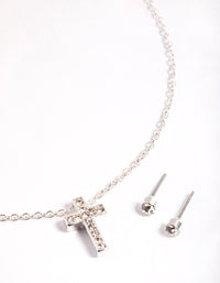 Silver Diamante Cross Necklace & Stud Earrings Set - link has visual effect only