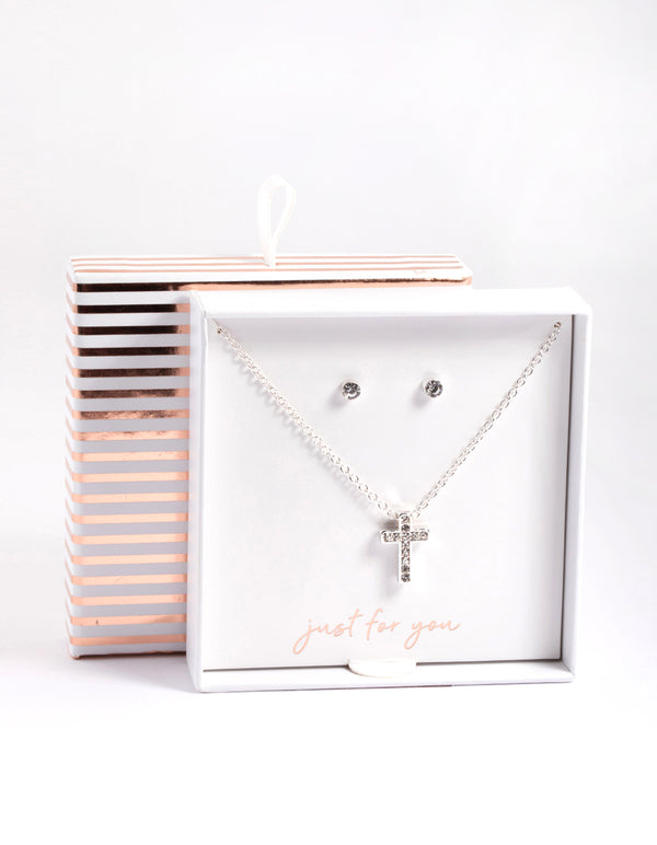 Silver Diamante Cross Necklace & Stud Earrings Set