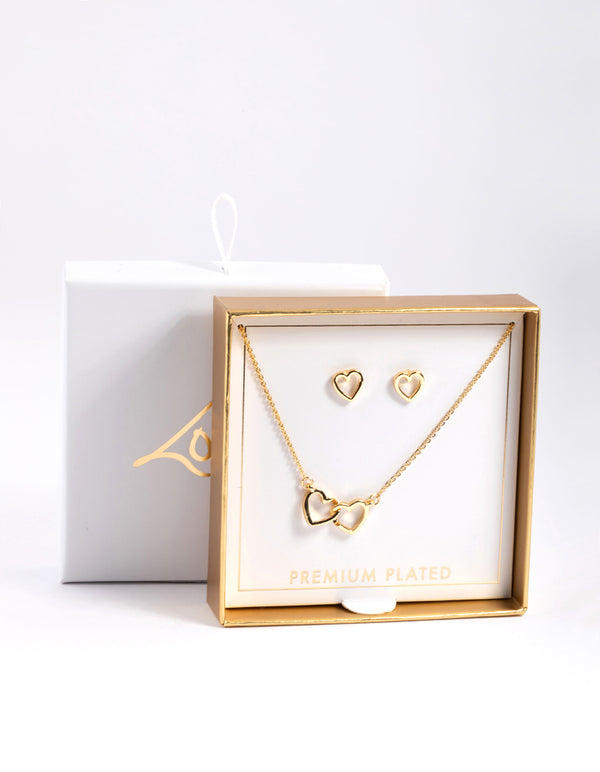 Gold Plated Linked Heart Necklace & Stud Earrings