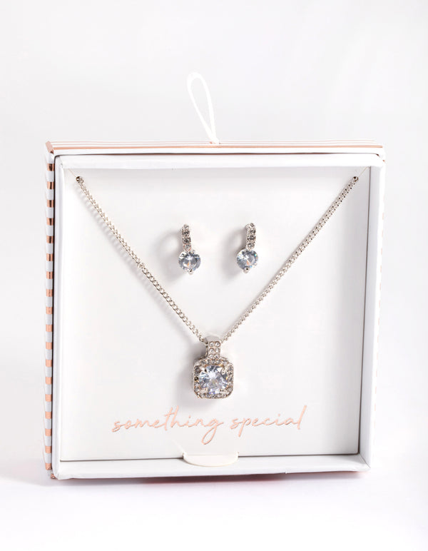 Silver Square Halo Necklace & Stud Earrings Set