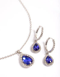 Silver Oval Halo Necklace & Huggie Earrings Set - link has visual effect only