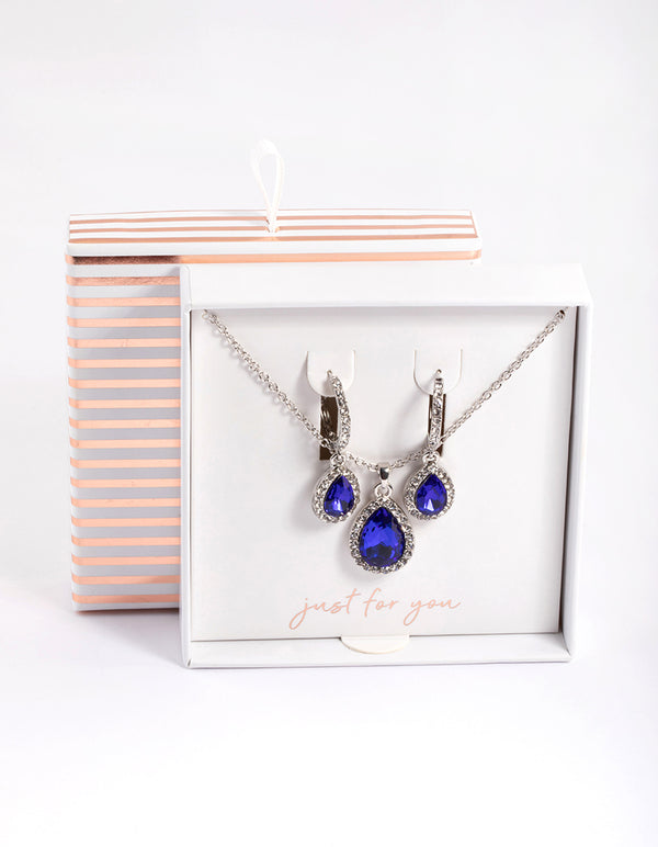 Silver Oval Halo Necklace & Huggie Earrings Set