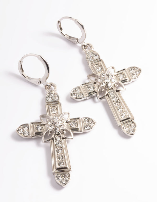 Rhodium Diamante Cross Huggie Earrings