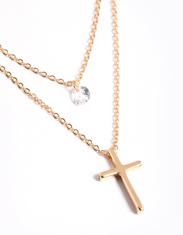 Gold Cubic Zirconia Multi Row Cross Necklace