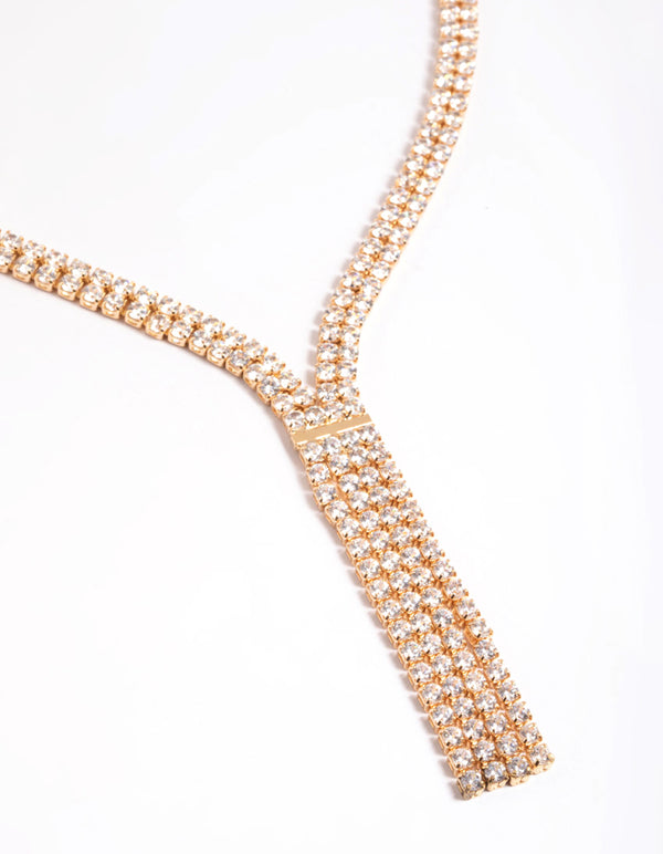 Gold Cubic Zirconia Fringe Y Necklace