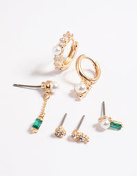 Gold Pearl & Emerald Earrings 6-Pack - link has visual effect only