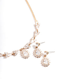 Gold Diamond Simulant Detail Teardrop Earrings & Necklace Set - link has visual effect only