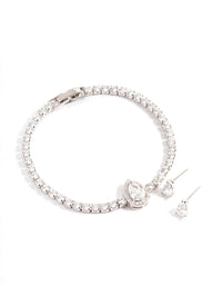 Silver Diamond Simulant Oval Stone & Bracelet Set - link has visual effect only