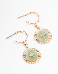 Gold Green Aventurine Star Disc Hoop Earrings - link has visual effect only