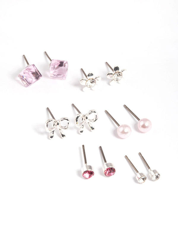 Kids Diamante Bow Cube Stud Earrings 6-Pack