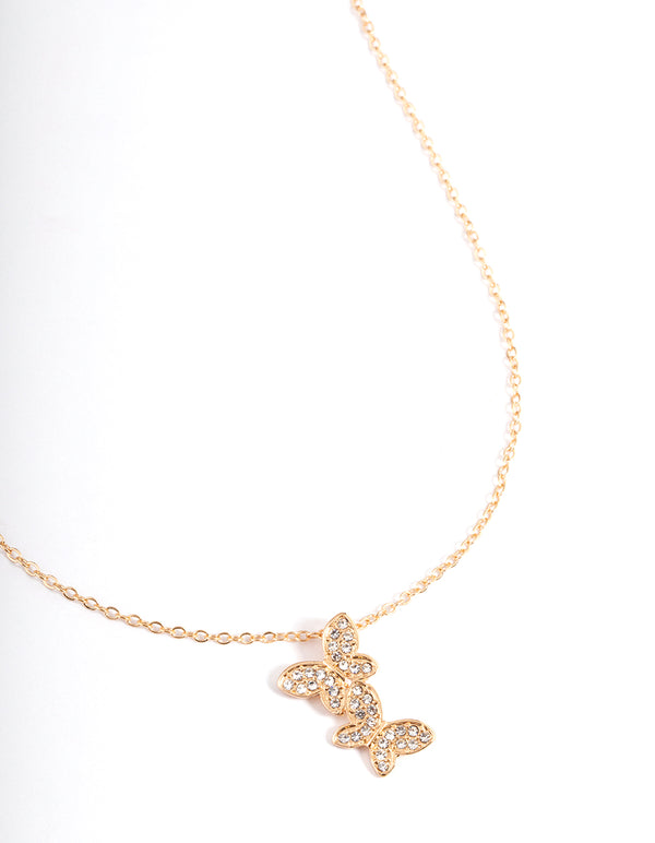 Gold Asymmetrical Diamante Butterfly Necklace