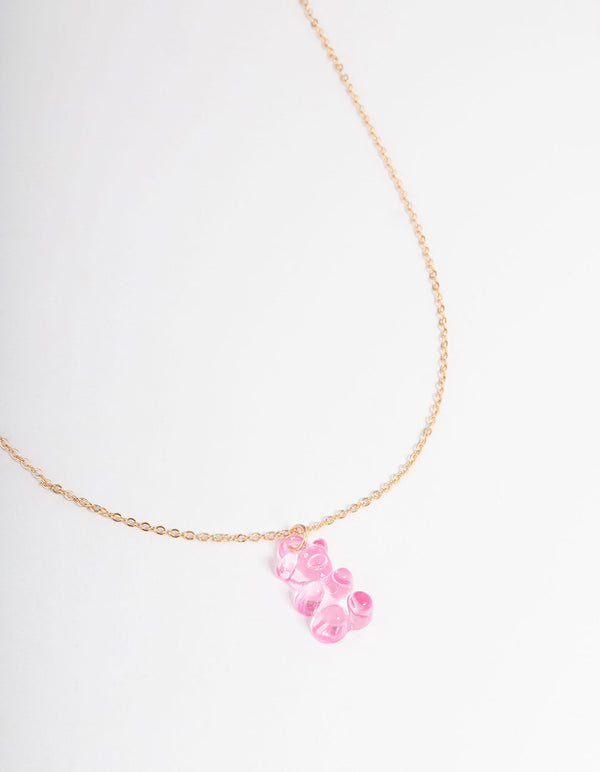 Gold Pink  Candy Bear Necklace