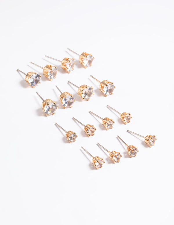 Gold Classic Diamante Studs 8-Pack