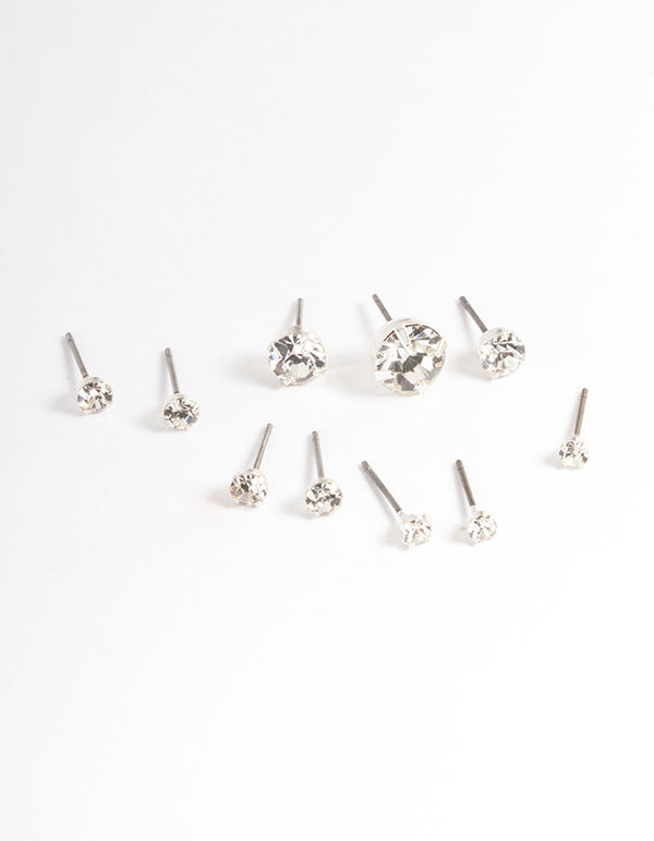 Silver Classic Diamante Stud Stack Earrings