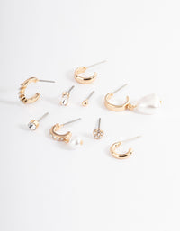 Gold Pearl & Diamante Hoop & Stud Stack Earrings - link has visual effect only