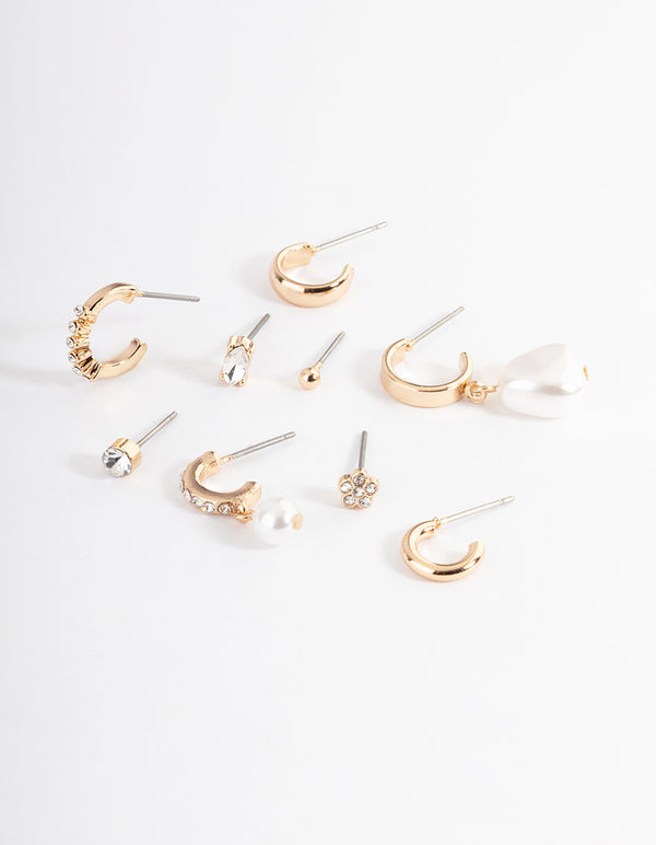 Gold Pearl & Diamante Hoop & Stud Stack Earrings