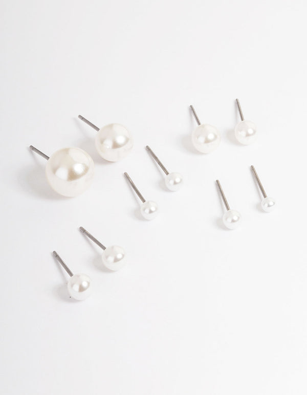 Silver Classic Pearl Stud Stack Earrings