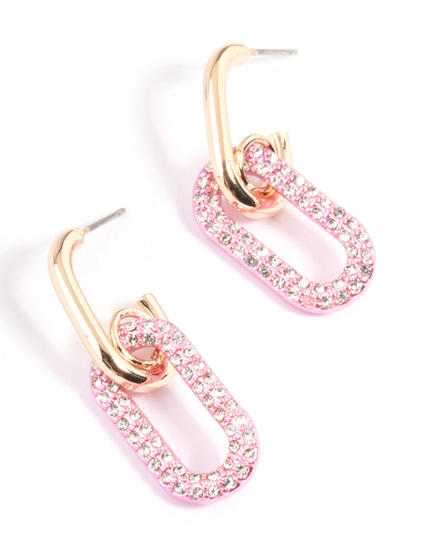 Gold Pink Link Drop Hoop Earrings