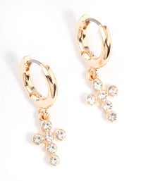 Gold Round Diamante Cross Huggie Earrings - link has visual effect only