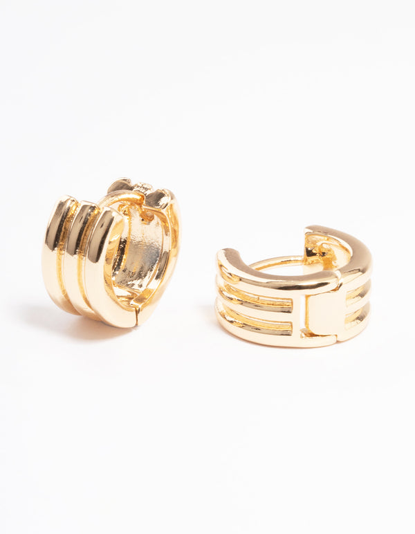 Gold Three Line Detail Huggie Earrings