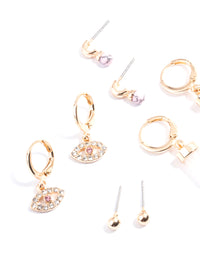 Gold Rose Quartz Evil Eye Earring Pack - link has visual effect only