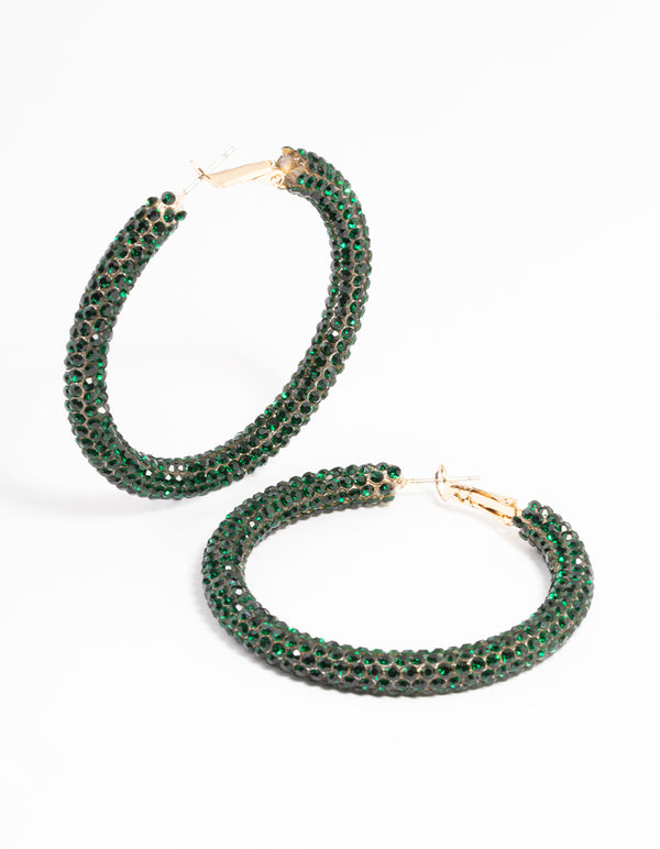 Gold Emerald 40mm Crystal Hoop Earrings