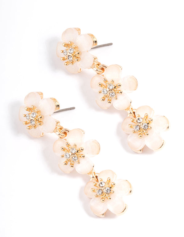 Gold Diamante White Flower Drop Earrings