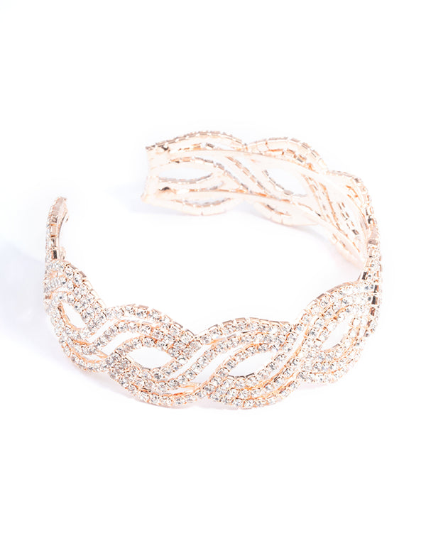 Rose Gold Twist Petal Diamante Cuff Bangle