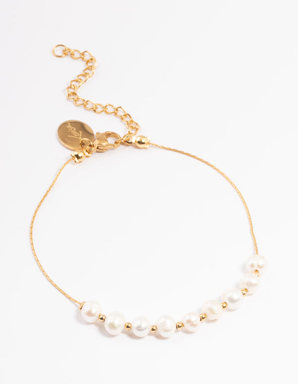 Gold Plated Stainless Steel Freshwater Pearl & Ball Chain Bracelet