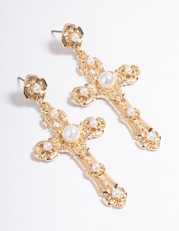 Gold Mini Pearl Cross Earrings