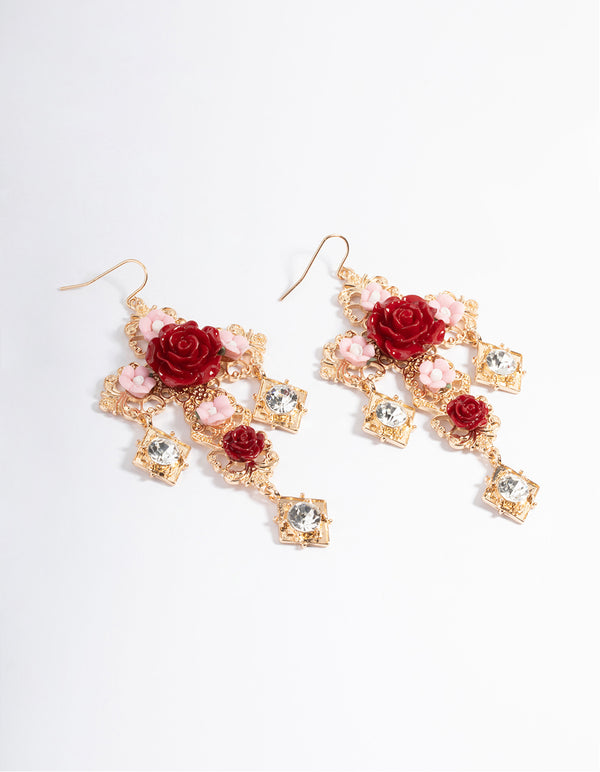 Gold Rose Statement Cross Earrings