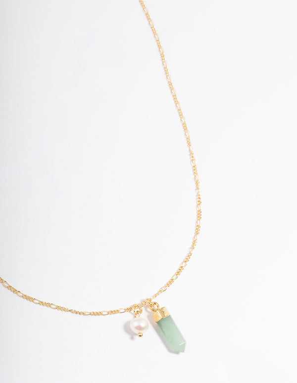 Gold Plated Green Aventurine Freshwater Pearl Figaro Necklace