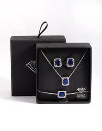 Silver Diamond Simulant Square Halo Earring, Necklace & Bracelet Set - link has visual effect only