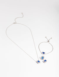 Silver Diamond Simulant Square Halo Earring, Necklace & Bracelet Set - link has visual effect only