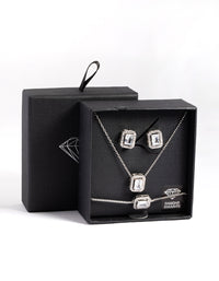 Diamond Simulant Rhodium Square Halo Jewellery Set - link has visual effect only